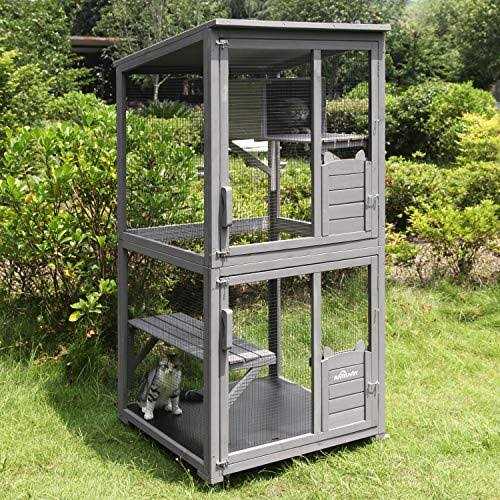 Cat House Outdoor Catio Cat Enclosures on Wheels Kitty House with Resting Box Waterproof Roof J4227