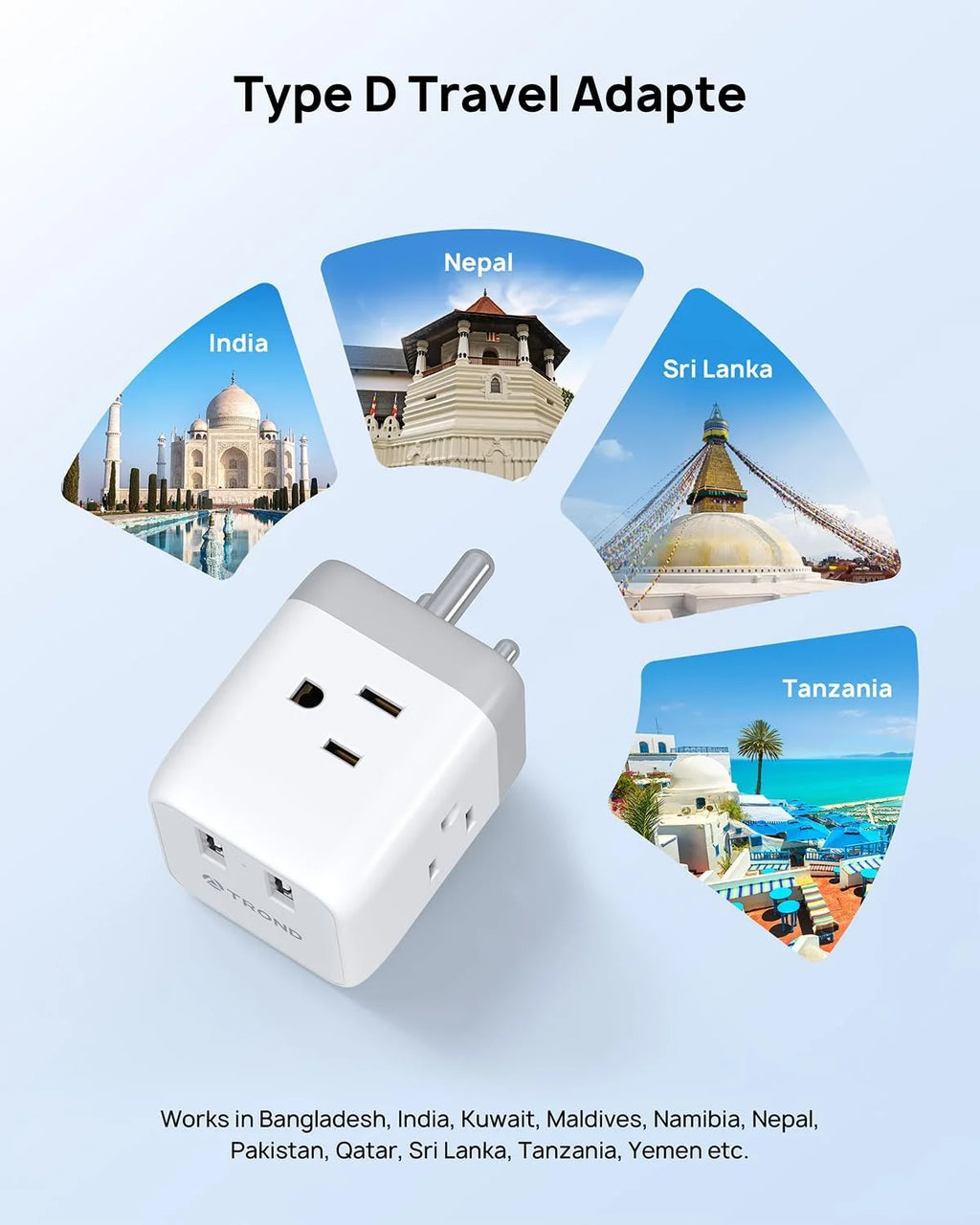 India to US Plug Adapter with 2 USB Ports 3 American Outlets L36033