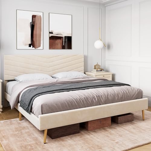 King Size Velvet Upholstered Platform Bed with Adjustable Headboard H463669