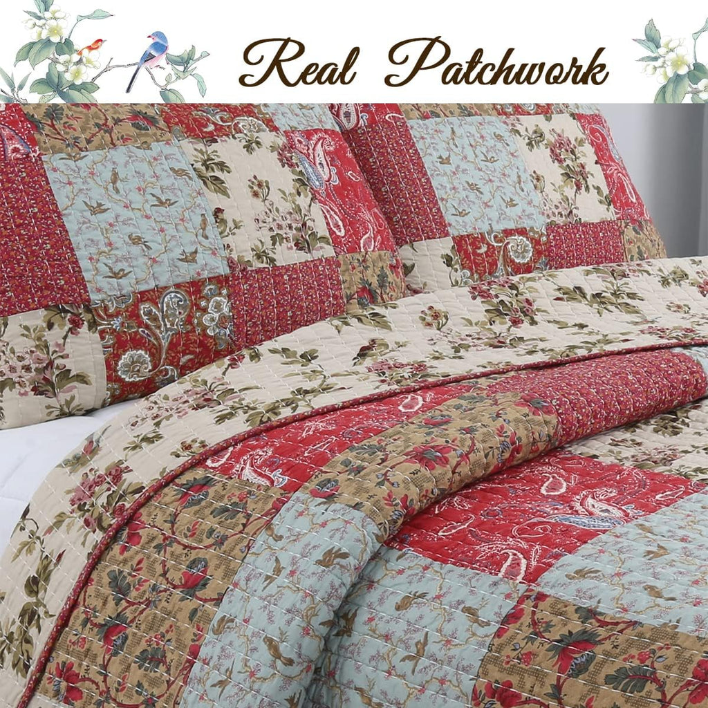 Red Teal Khaki Floral 100% Cotton Reversible Coverlet Bedspread Quilt Bedding Set (Queen - 3 Piece) M70903