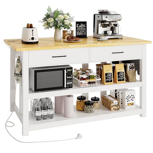 Solid Rubberwood Kitchen Island with Power Outlets, 2 Drawers & Open Shelves (Grey) J869