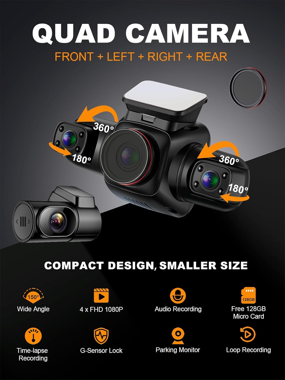 360 Degree View 4 Channel Dash Cam with CPL, Built-in GPS WiFi Night Vision, 128G Card A74034