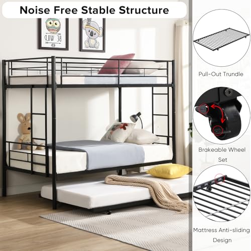 Black Twin Over Twin Metal Bunk Bed with Trundle Y4163