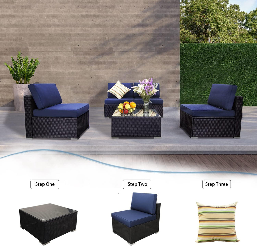 5 Piece Outdoor Rattan Sofa Set with Cushions and Tempered Glass Tea Table Y5296