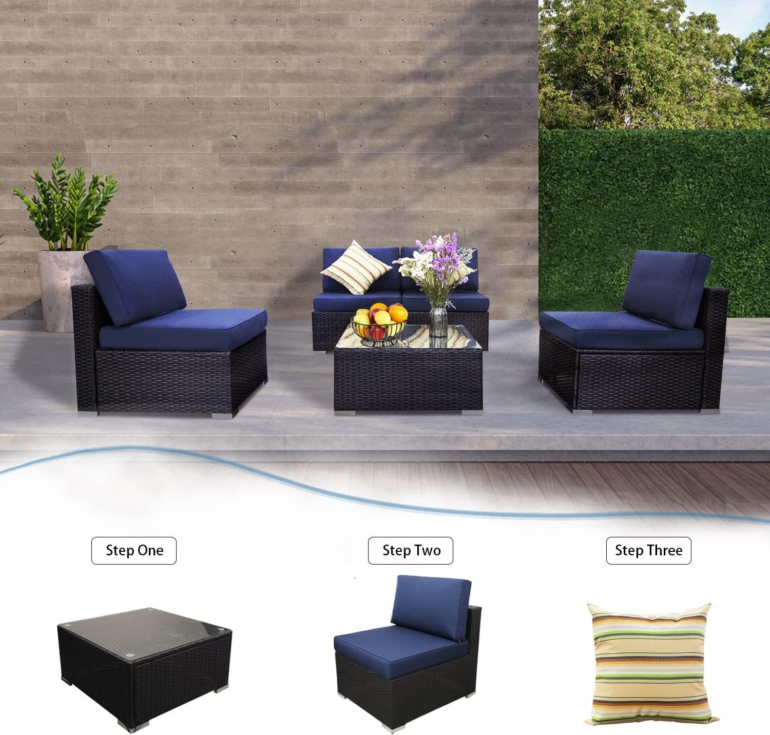 5 Piece Outdoor Rattan Sofa Set with Cushions and Tempered Glass Tea Table Y5296
