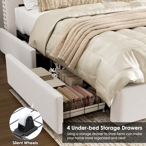 Beige Velvet Upholstered King Size Bed Frame with 4 Under-bed Storage Drawers R343201