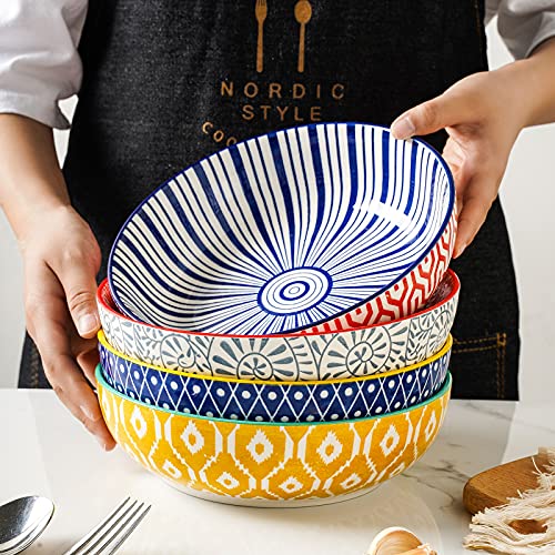 Ceramic 30 Ounce Large Pasta Bowls 8 inch Serving Bowls Set of 4, Vintage Blue X686700
