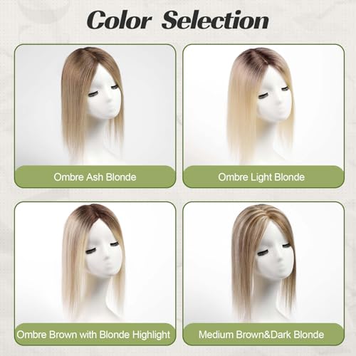 14 inch Real Human Hair Topper with Bangs Medium Brown Dark Blonde K789062