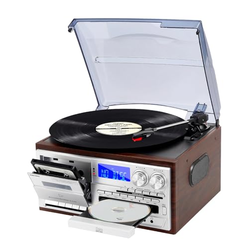 9 in 1 Record Player with Bluetooth Turntable, CD/Cassette, AM/FM Radio, USB SD/MMC, Aux-in/RCA Line Out C381088