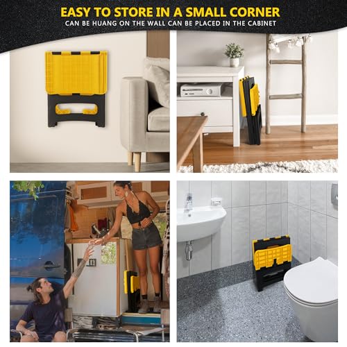Folding 2-Step Stool, Non-Slip Portable Footstool 8" & 17" Dual Heights, Holds 300 lbs (Yellow) J4065