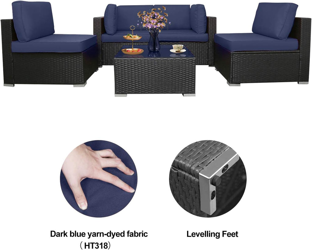 5 Piece Outdoor Rattan Sofa Set with Cushions and Tempered Glass Tea Table Y5296