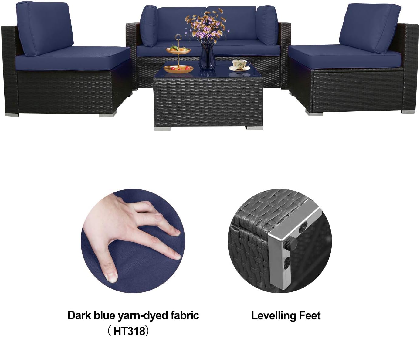 5 Piece Outdoor Rattan Sofa Set with Cushions and Tempered Glass Tea Table Y5296