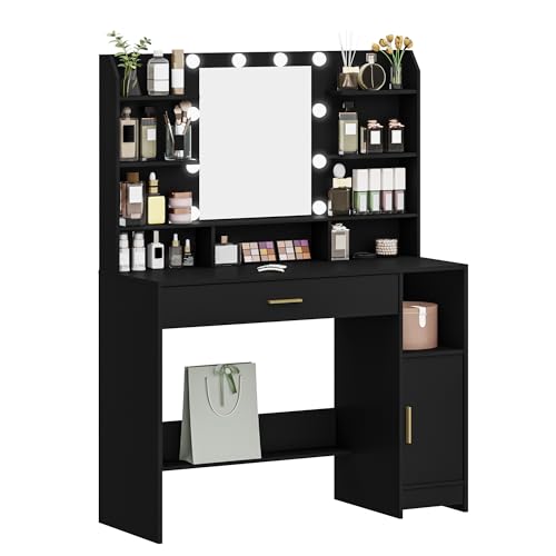 Black Vanity Desk with Mirror and 10 LED Lights T498