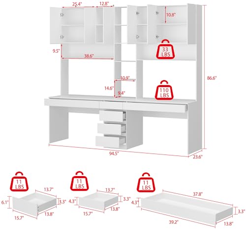 White 94.5" L Computer Desk with 6 Drawers, 15 Shelves & 6 Doors L274