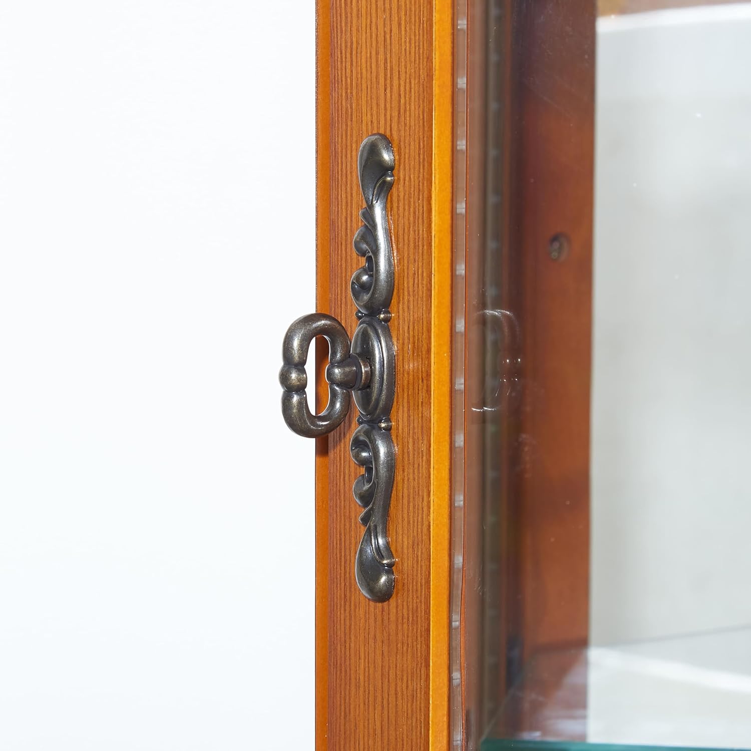 Oak Corner Curio Cabinet with Lights, Adjustable Tempered Glass Shelves, Mirrored Back S441645