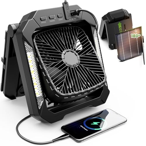 26800mAh Rechargeable Portable Fan with Detachable Solar Panel, LED Lantern, 3 Speed, Timer, USB-C, Green N70326