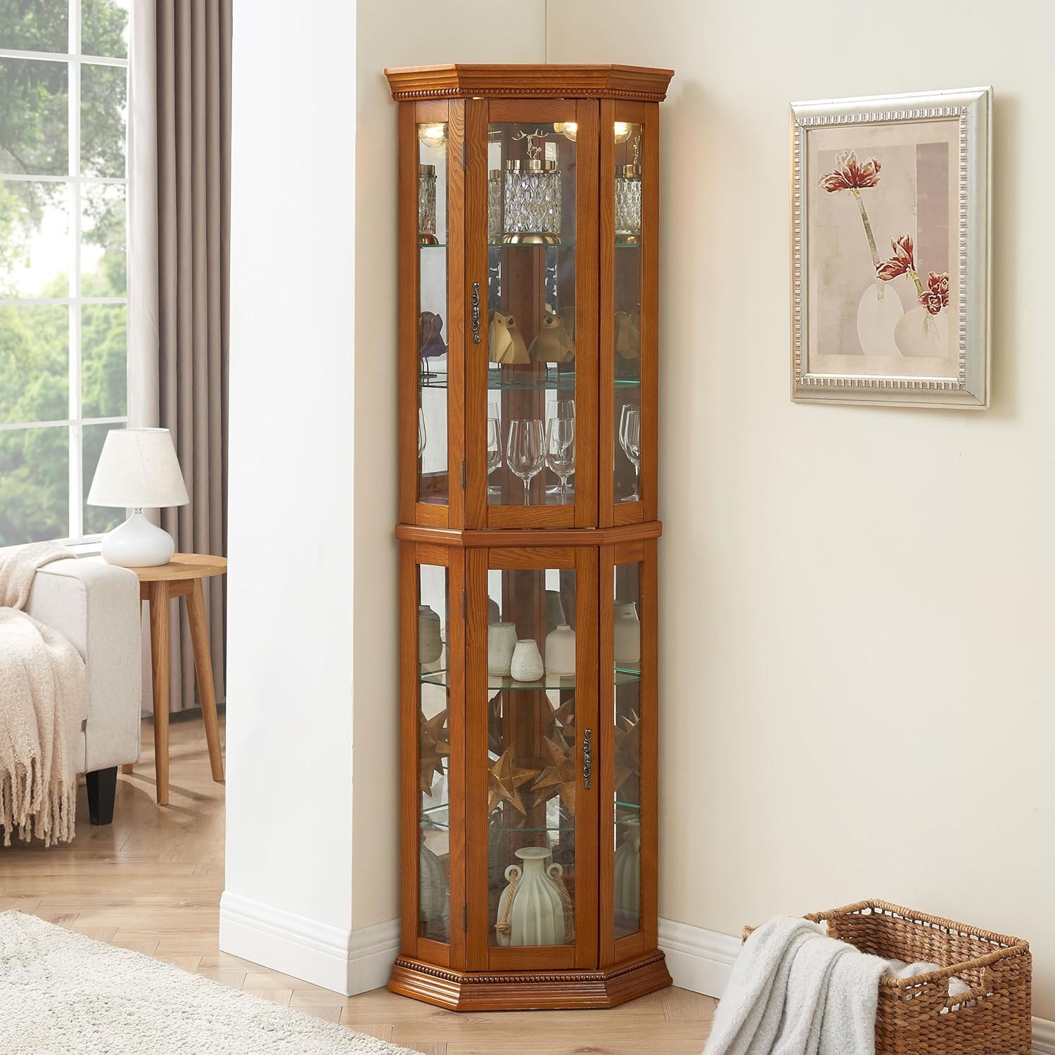 Oak Corner Curio Cabinet with Lights, Adjustable Tempered Glass Shelves, Mirrored Back S441645