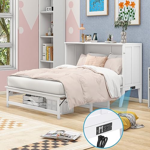 White Queen Size Wood Murphy Bed with Bookcase R27124