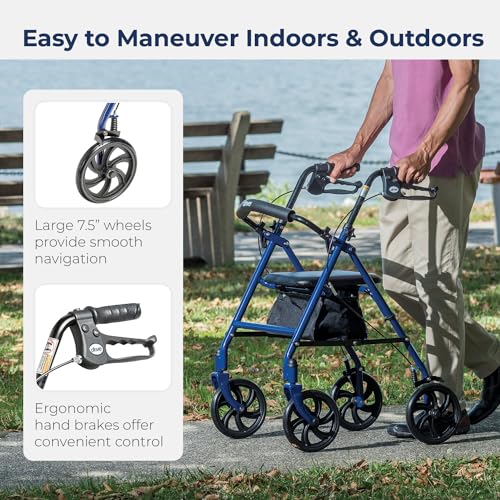 4 Wheel Steel Rollator Walker with Seat, Blue & Raised Toilet Seat with Removable Padded Arms S56492