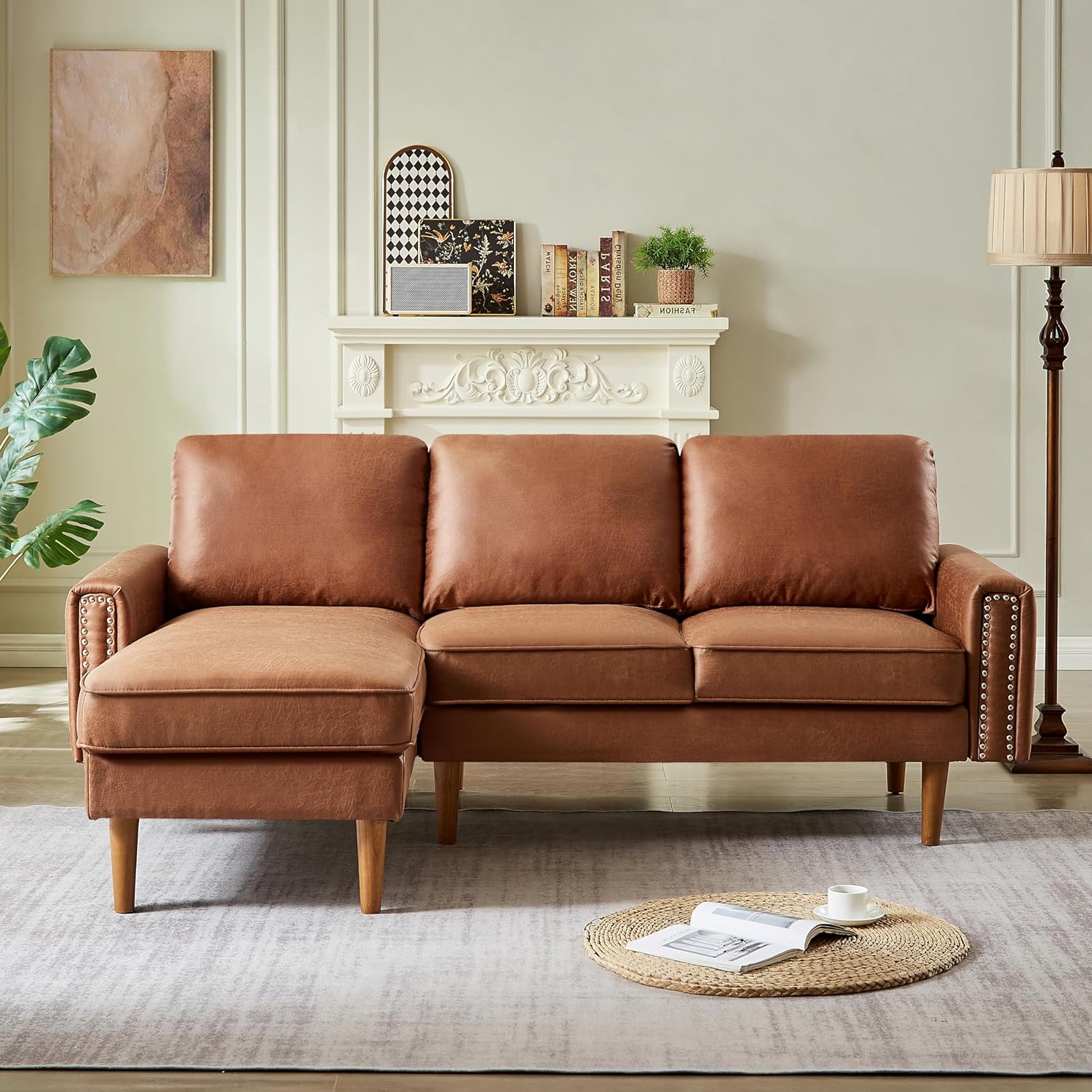 Brown L-Shape Sofa Couch with Suede Fabric H9648