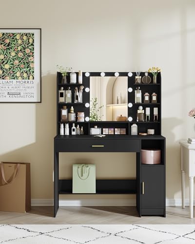 Black Vanity Desk with Mirror and 10 LED Lights T498