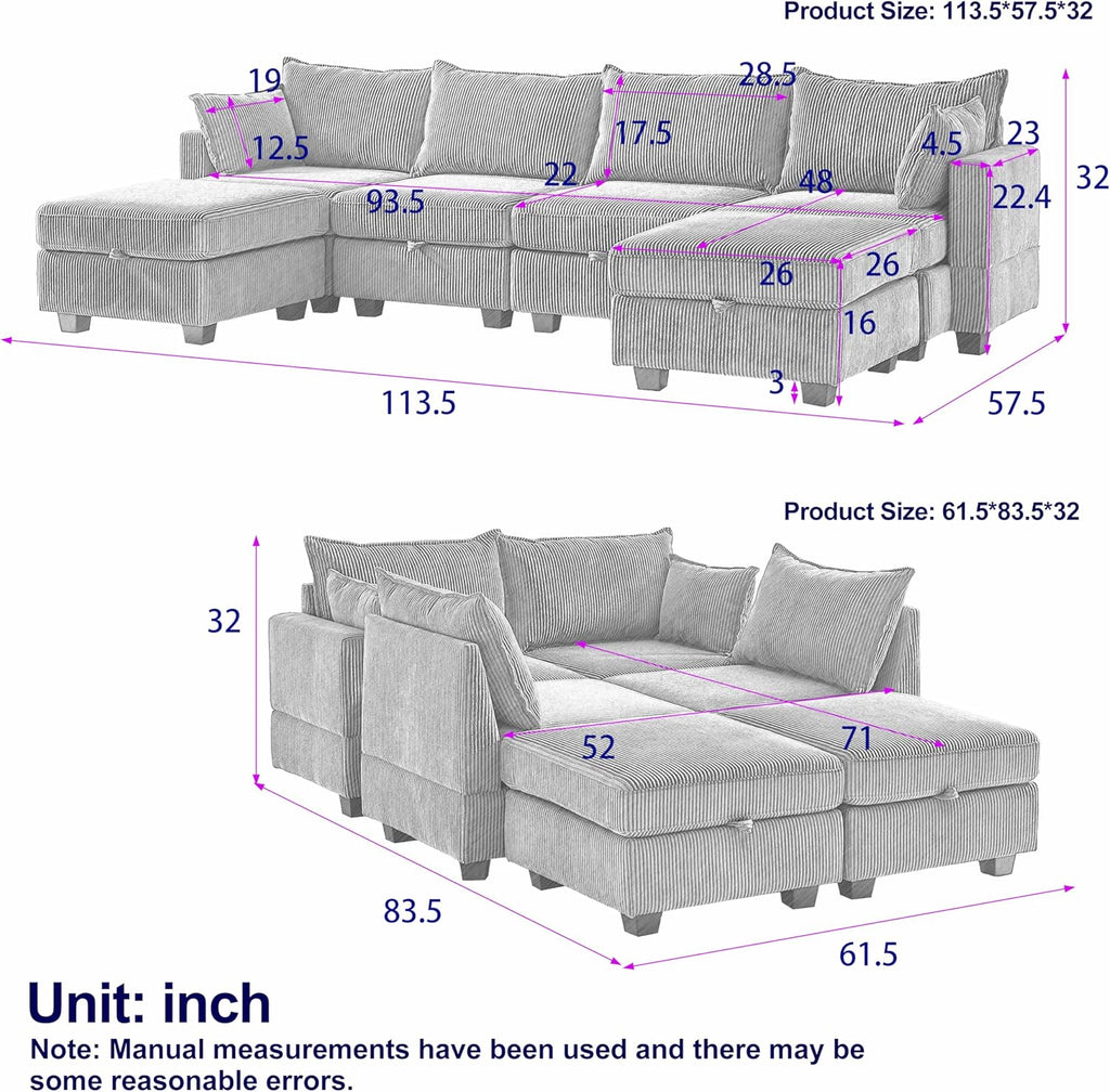 Black Corduroy Modular Sectional Sofa with Storage Y732