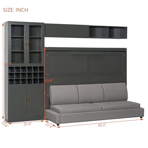 Grey Queen Size Murphy Bed with Sofa and Shelves A256126