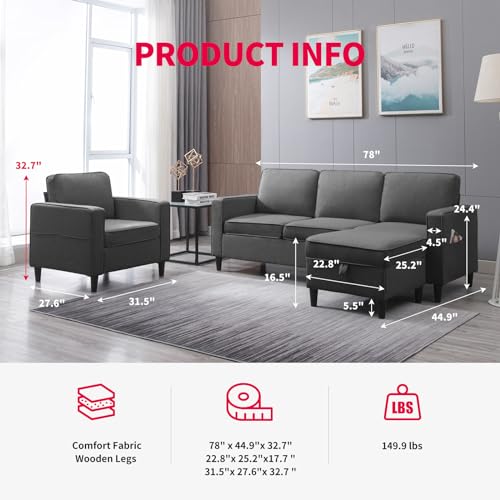 3PCS Linen Upholstered Sofa Set with Side Pockets & Storage Ottoman (Dark Grey) J69317