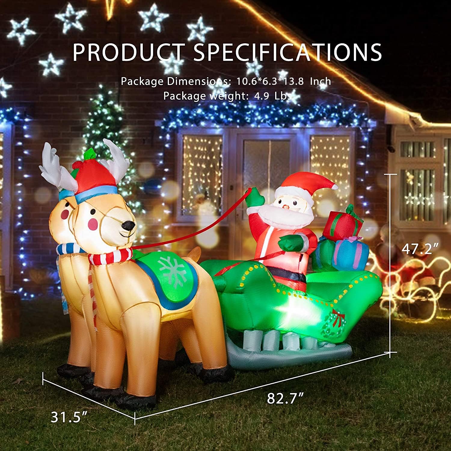 6.9ft Long Christmas Inflatable LED Lighted Santa on Green Sleigh with Reindeers and Gift Boxes Blow up Outdoor Yard Decoration M89584