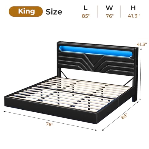 Dark Gray Queen Upholstered Platform Bed with LED Lights and Storage Headboard O377