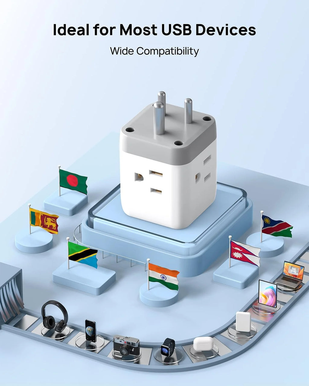 India to US Plug Adapter with 2 USB Ports 3 American Outlets L36033