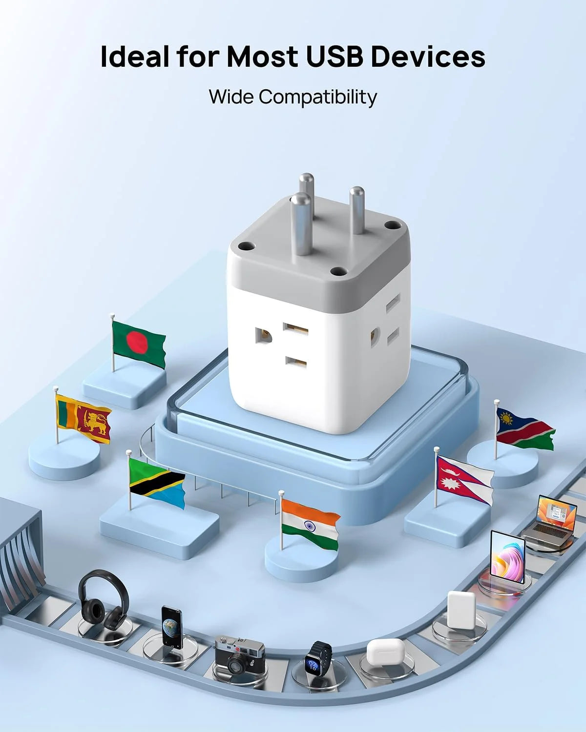 India to US Plug Adapter with 2 USB Ports 3 American Outlets L36033
