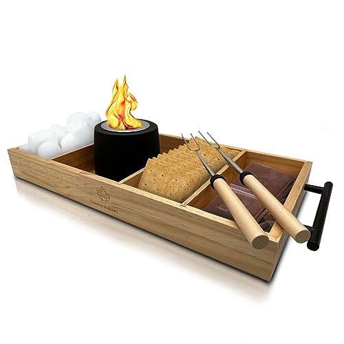 Portable Smores Maker Kit with Pine Wood Tray, Alcohol-Powered Concrete Fire Pit Bowl, 2 Roasting Sticks B9971