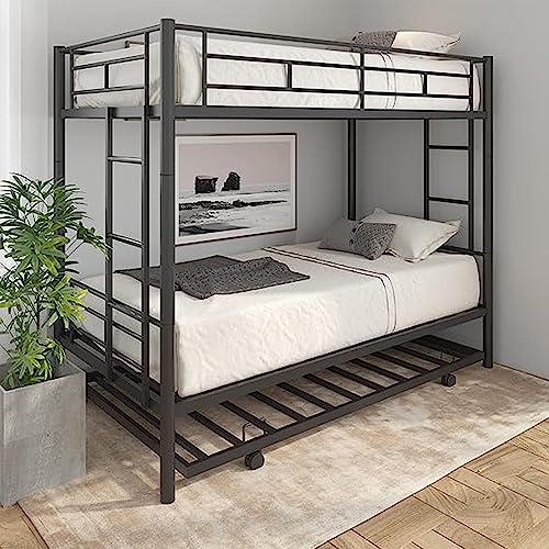 Black Twin Over Twin Metal Bunk Bed with Trundle Y4163