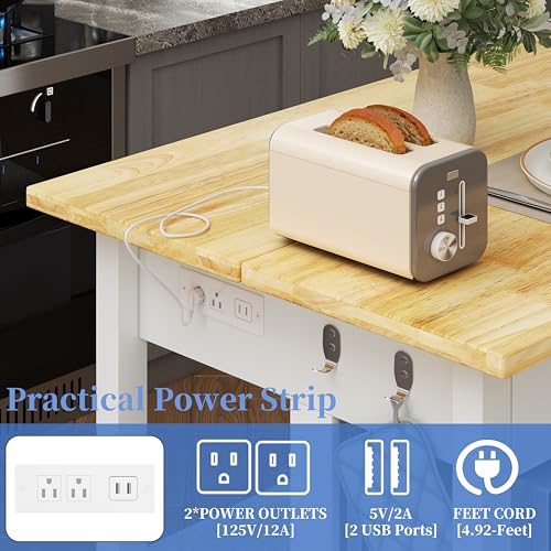 Solid Rubberwood Kitchen Island with Power Outlets, 2 Drawers & Open Shelves (Grey) J869