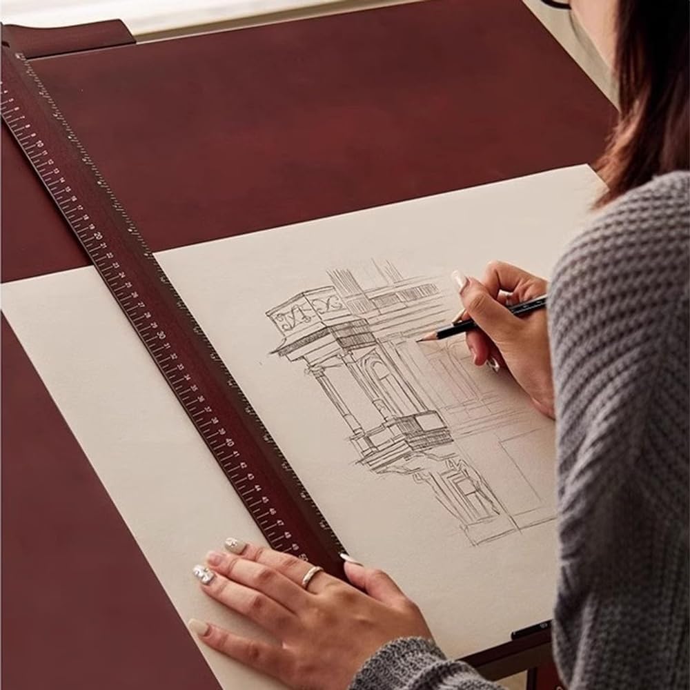Height and Angle Adjustable Drawing Table with Tilting Magnifying Tabletop and T-square L2132