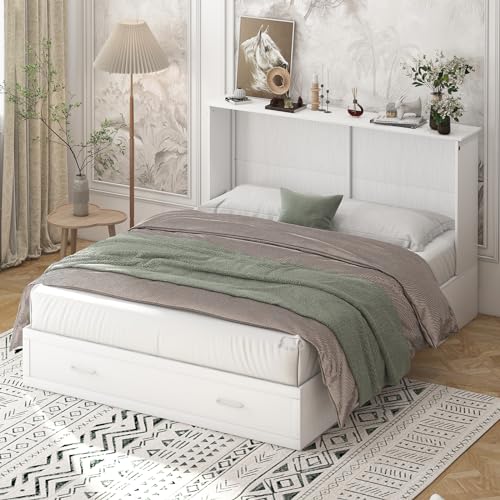Queen Murphy Bed with Charging Station and Storage Drawers White P130