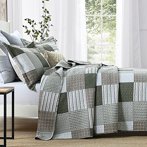 100% Cotton Navy Blue Grey Plaid Queen Size 3 Pieces Quilt V255778