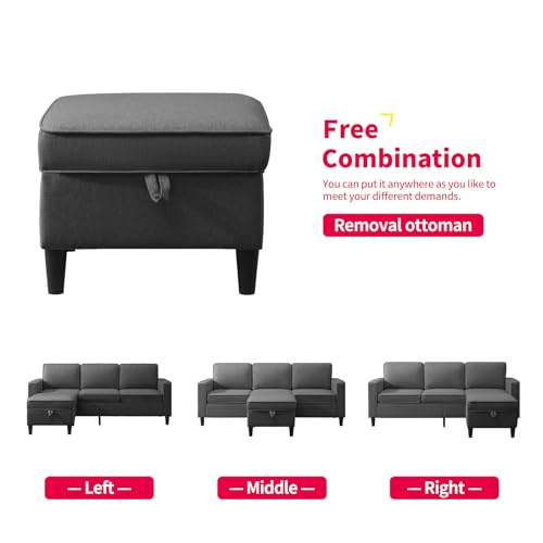 3PCS Linen Upholstered Sofa Set with Side Pockets & Storage Ottoman (Dark Grey) J69317