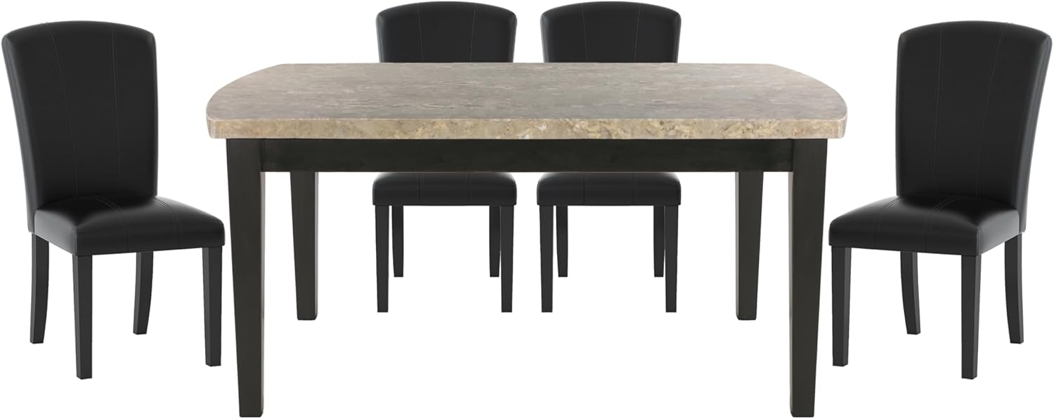 Dark Espresso 5pc Dining Set Marble Top Table and 4 Chairs Faux Leather Upholstery G40921