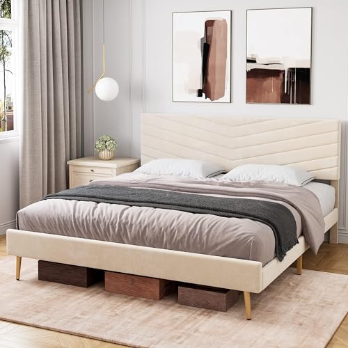King Size Velvet Upholstered Platform Bed with Adjustable Headboard H463669