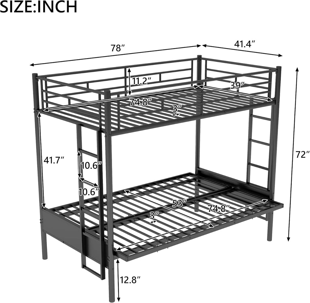 Twin Over Futon Full Bunk Bed with Metal Frame Black V3967