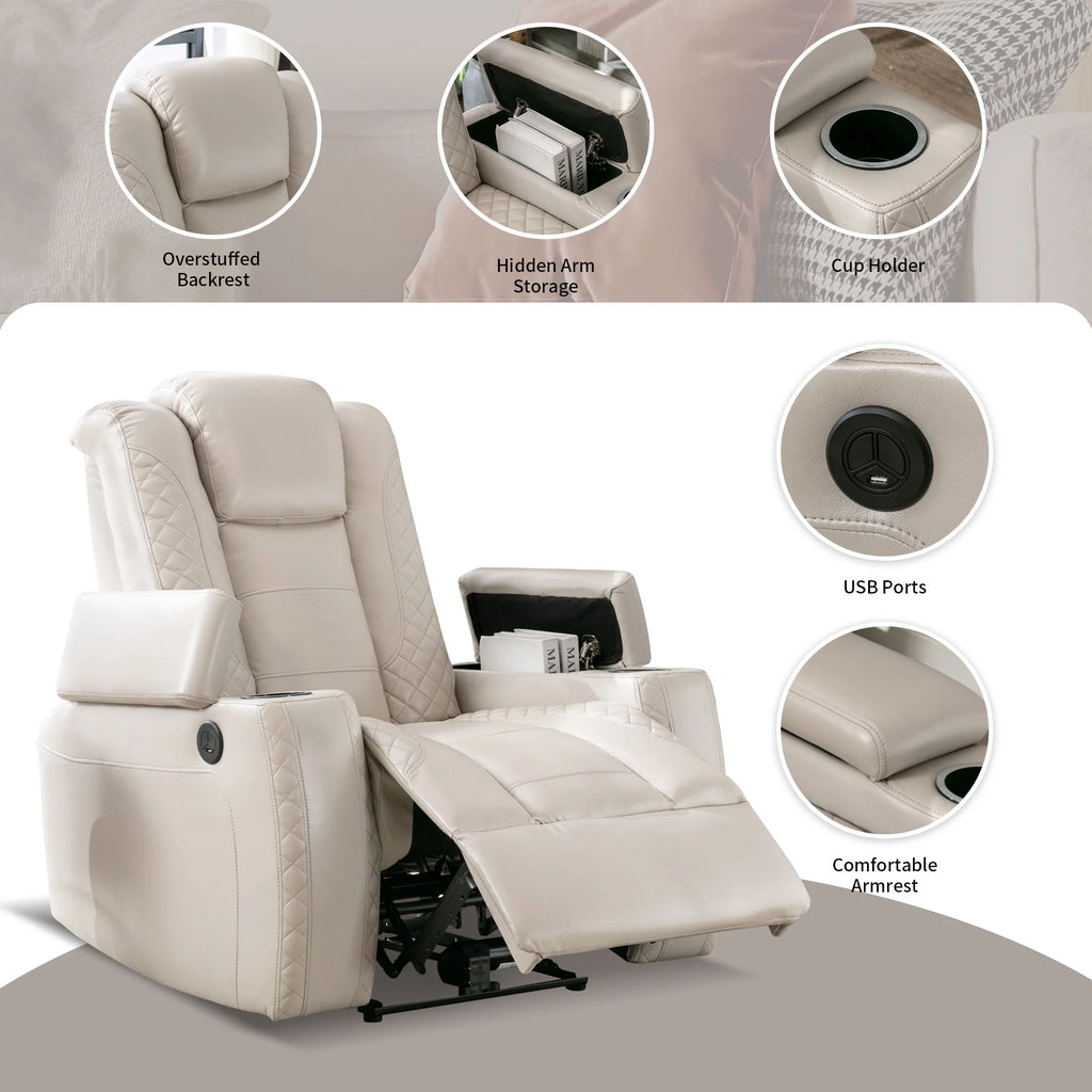 Power Recliner Chair with Cup Holders and Hidden Arm Storage Leather I358185