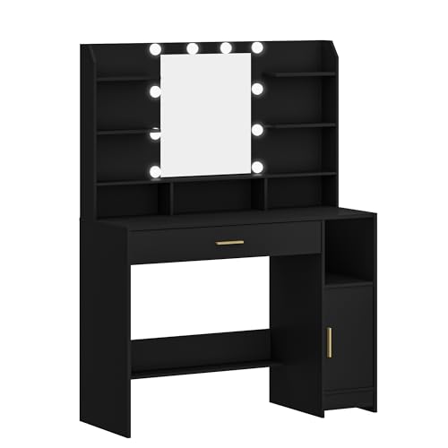 Black Vanity Desk with Mirror and 10 LED Lights T498