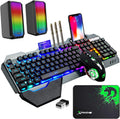 Wireless Gaming Keyboard Mouse and Wired Computer Speaker with Rainbow RGB Backlit Rechargeable Battery Metal Mechanical Ergonomic Waterproof Dustproof Removable Palm Rest Black W652305