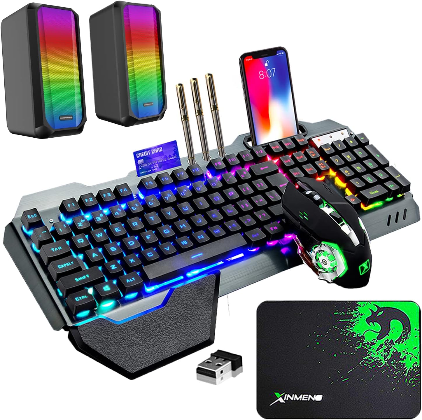 Wireless Gaming Keyboard Mouse and Wired Computer Speaker with Rainbow RGB Backlit Rechargeable Battery Metal Mechanical Ergonomic Waterproof Dustproof Removable Palm Rest Black W652305
