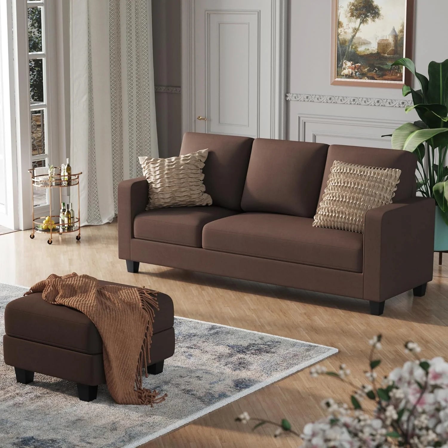 Brown L Shaped Fabric Sectional Sofa with Ottoman F990