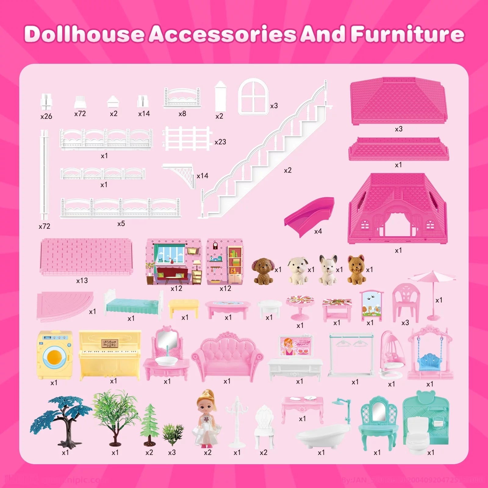 4 Stories 12 Rooms Dollhouse with 2 Princesses Slide Accessories L1679