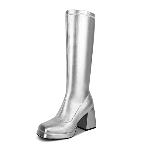 Knee High Gogo Boots with Square Toe, Side Zipper and Chunky Heel I8097