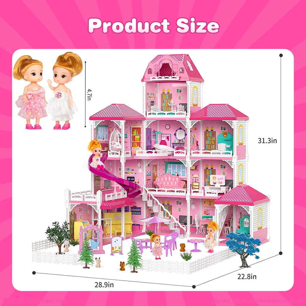 4 Stories 12 Rooms Dollhouse with 2 Princesses Slide Accessories L1679
